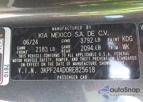 2024 Kia Forte Lxs z USA, uszkodzony, nr VIN 3KPF24AD0RE825618